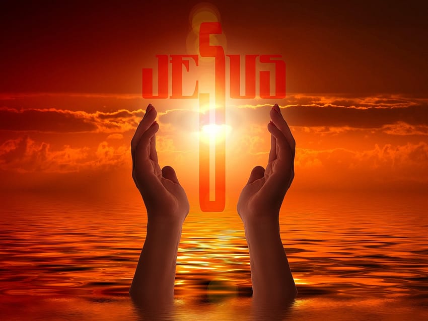 A pair of hands coming up out of water with the name JESUS spelled out in shape of a cross.