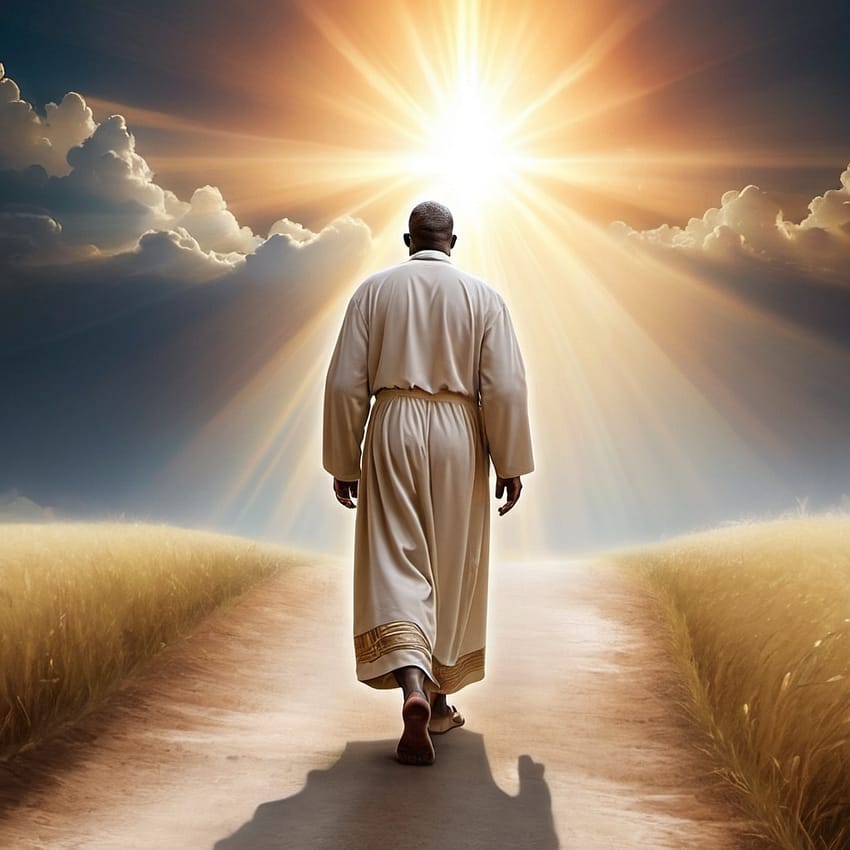A man walking down the narrow path towards the light