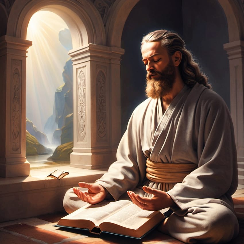 Man sitting cross-legged meditating with an open bible in his lap
